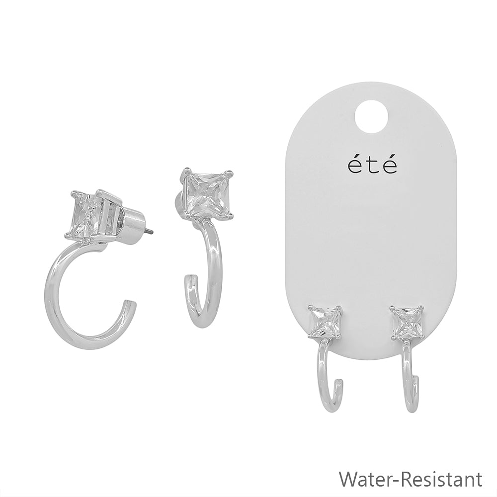 Water Resistant Square Stone Stud with Silver Huggie Hoop Earring