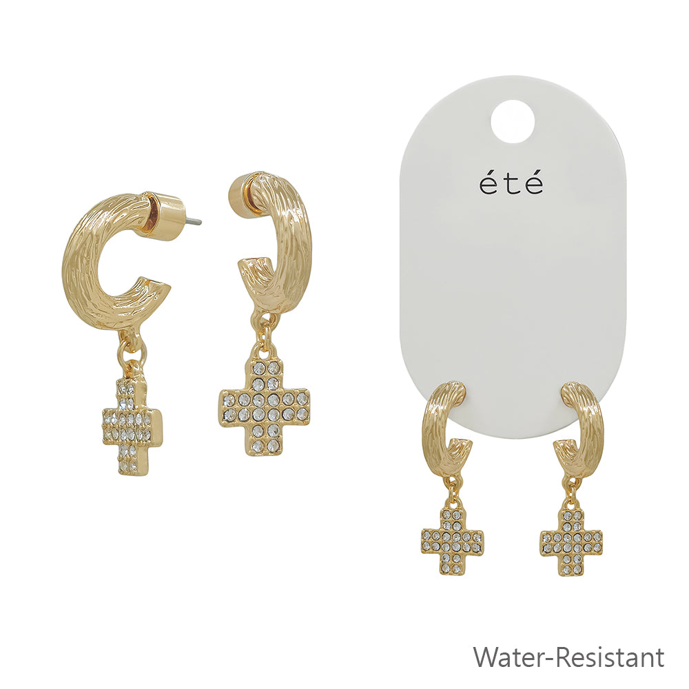 Water Resistant Gold Huggie Textured Hoop with Pave Cross Earring
