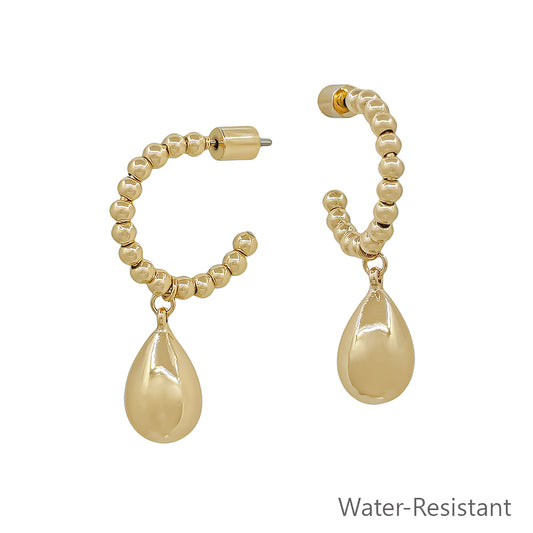 Water Resistant 3MM Gold Beaded Mini Teardrop 1" Hoop Earring