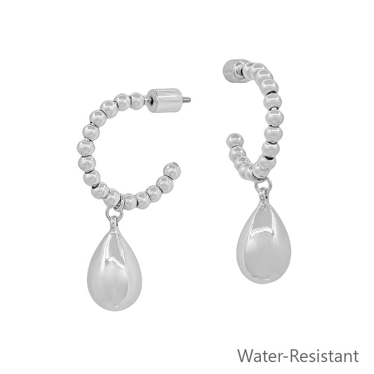 Water Resistant 3MM Silver Beaded Mini Teardrop 1" Hoop Earring
