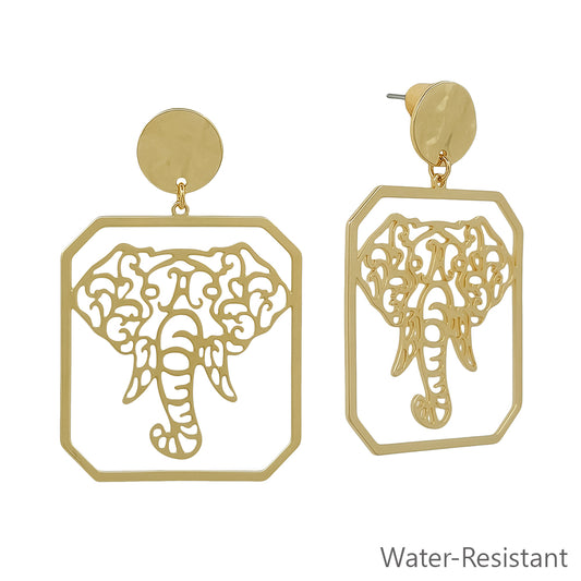 Gold Open Cut out Elephant with Circle Post 2" Earring