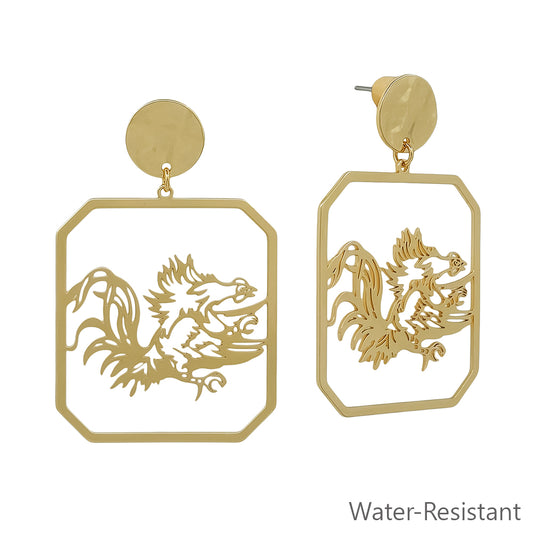 Gold Open Cut out Gamecock with Circle Post 2" Earring