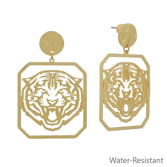 Gold Open Cut out Tiger with Circle Post 2" Earring