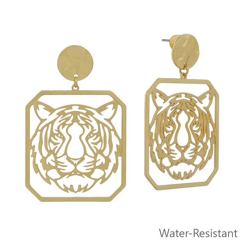 Gold Open Cut out Tiger with Circle Post 2" Earring