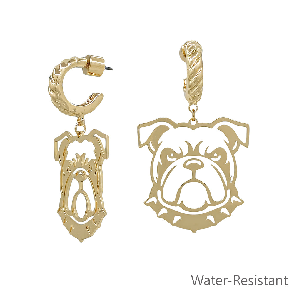 Gold Open Cut out Bulldog with Twisted Huggie Hoop 2" Earring