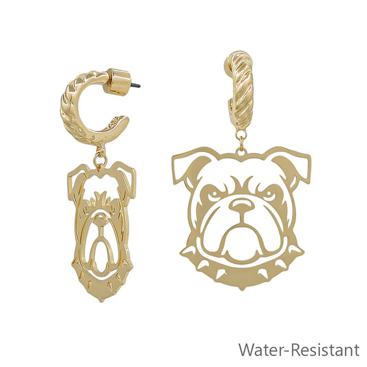 Gold Open Cut out Bulldog with Twisted Huggie Hoop 2" Earring