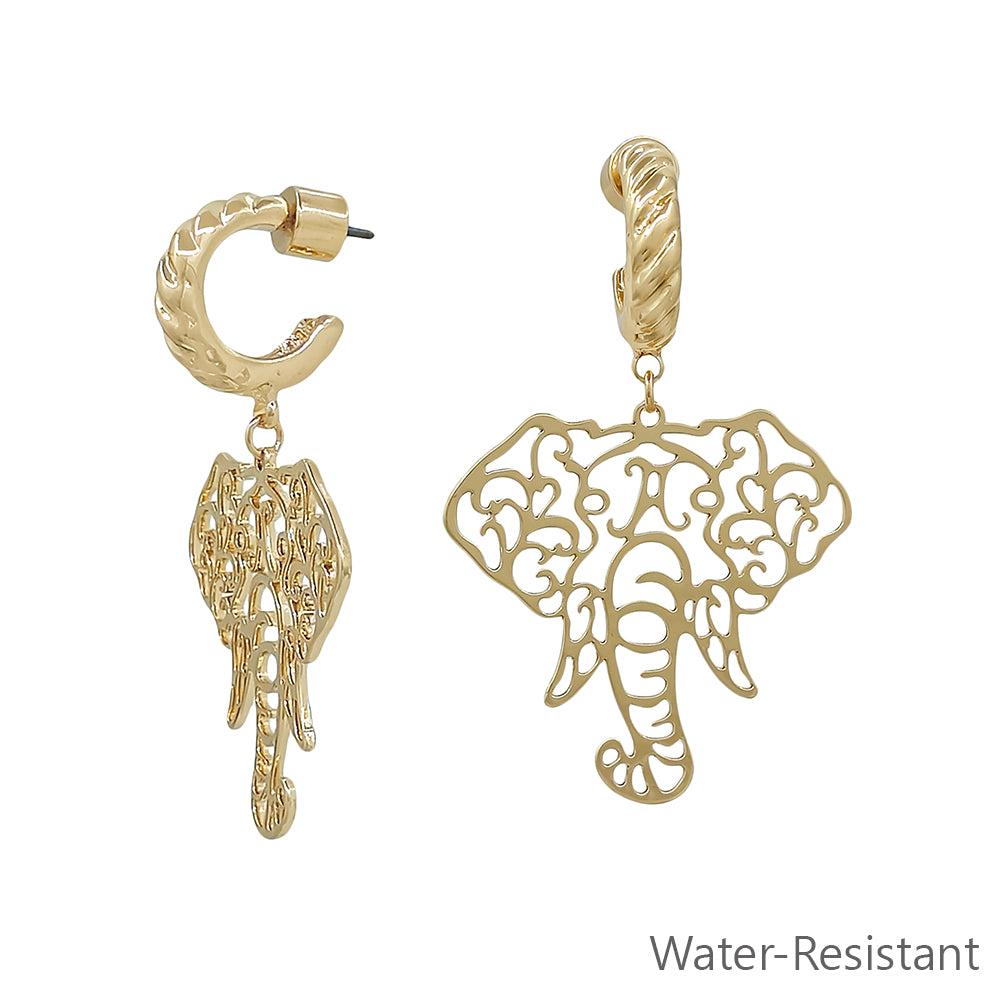 Gold Open Cut out Elephant with Twisted Huggie Hoop 2" Earring