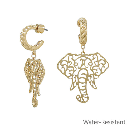 Gold Open Cut out Elephant with Twisted Huggie Hoop 2" Earring