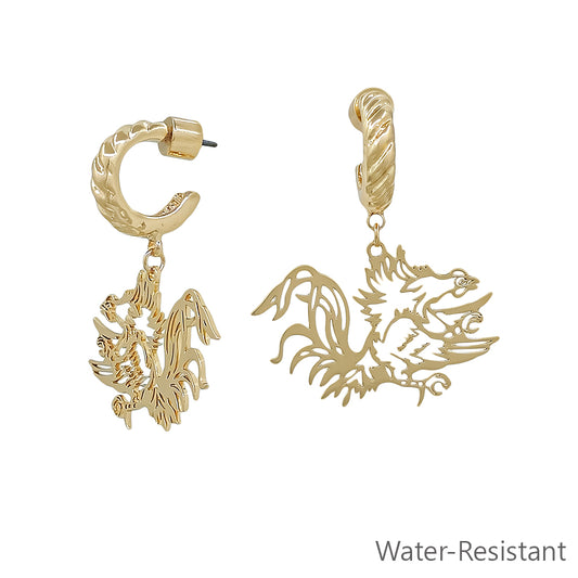 Gold Open Cut out Gamecock with Twisted Huggie Hoop 2" Earring