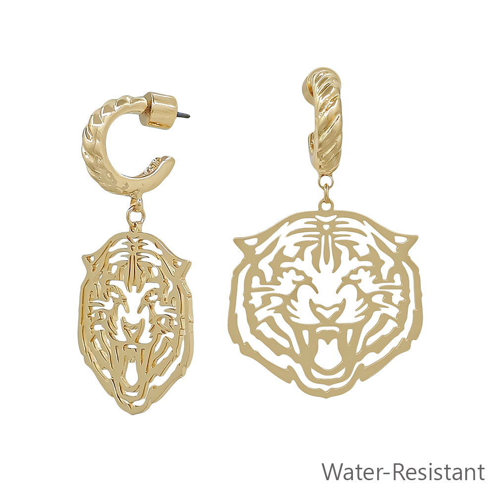 Gold Open Cut out Tiger with Twisted Huggie Hoop 2" Earring