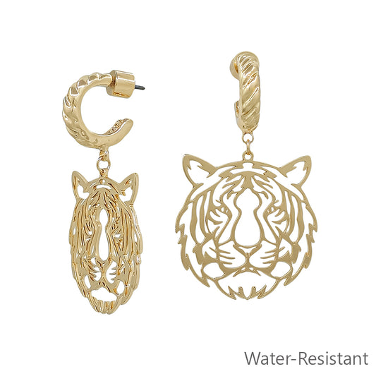 Gold Open Cut out Tiger with Twisted Huggie Hoop 2" Earring