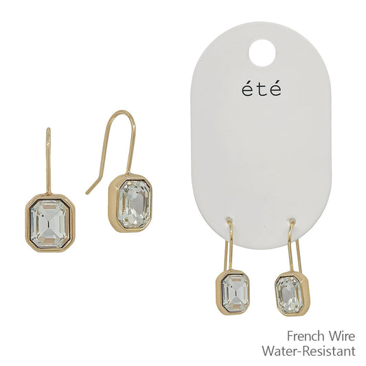 Water Resistant 12MM Rectangle Clear Stone Wrapped Wire Earring