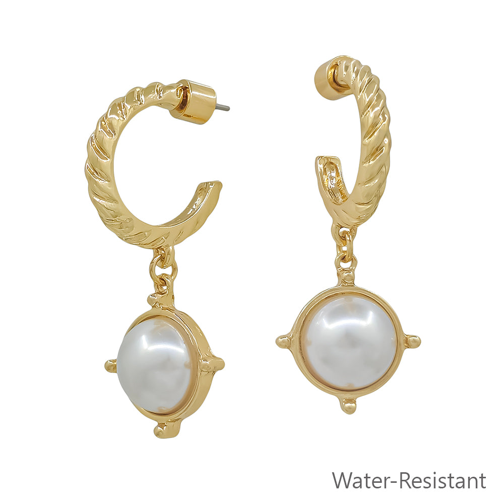 Water Resistant 1.2" Textured Hoop with Pearl Drop Earring