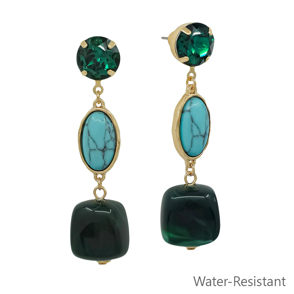 Water Resistant 2" Green 3 Drop Stone and Resin Glass Earring