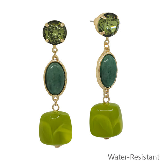 Water Resistant 2" Olive 3 Drop Stone and Resin Glass Earring