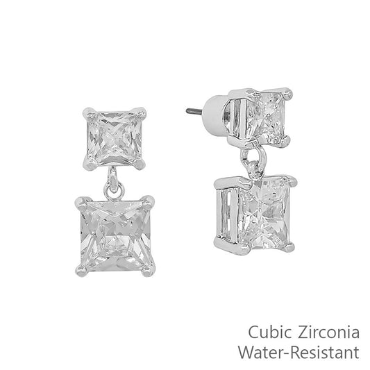 Water Resistant Silver 6&8MM Square Cubic Stud Earring