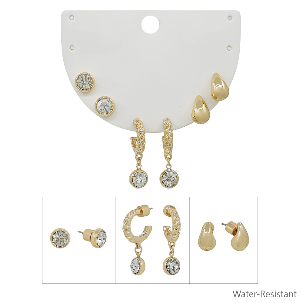 Water Resistant Set of 3 Crystal Drop Hoop and Teardrop Earrings