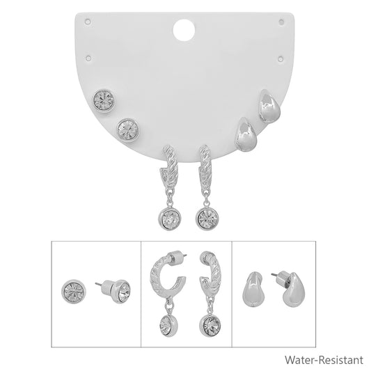 Water Resistant Silver Set of 3 Crystal Drop Hoop and Teardrop Earrings