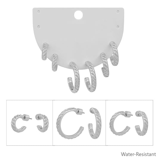 Water Resistant Set of 3 Huggie Style Silver Metal Hoops