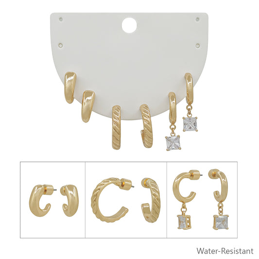 Water Resistant Set of 3 Huggie Hoop and CZ Earrings