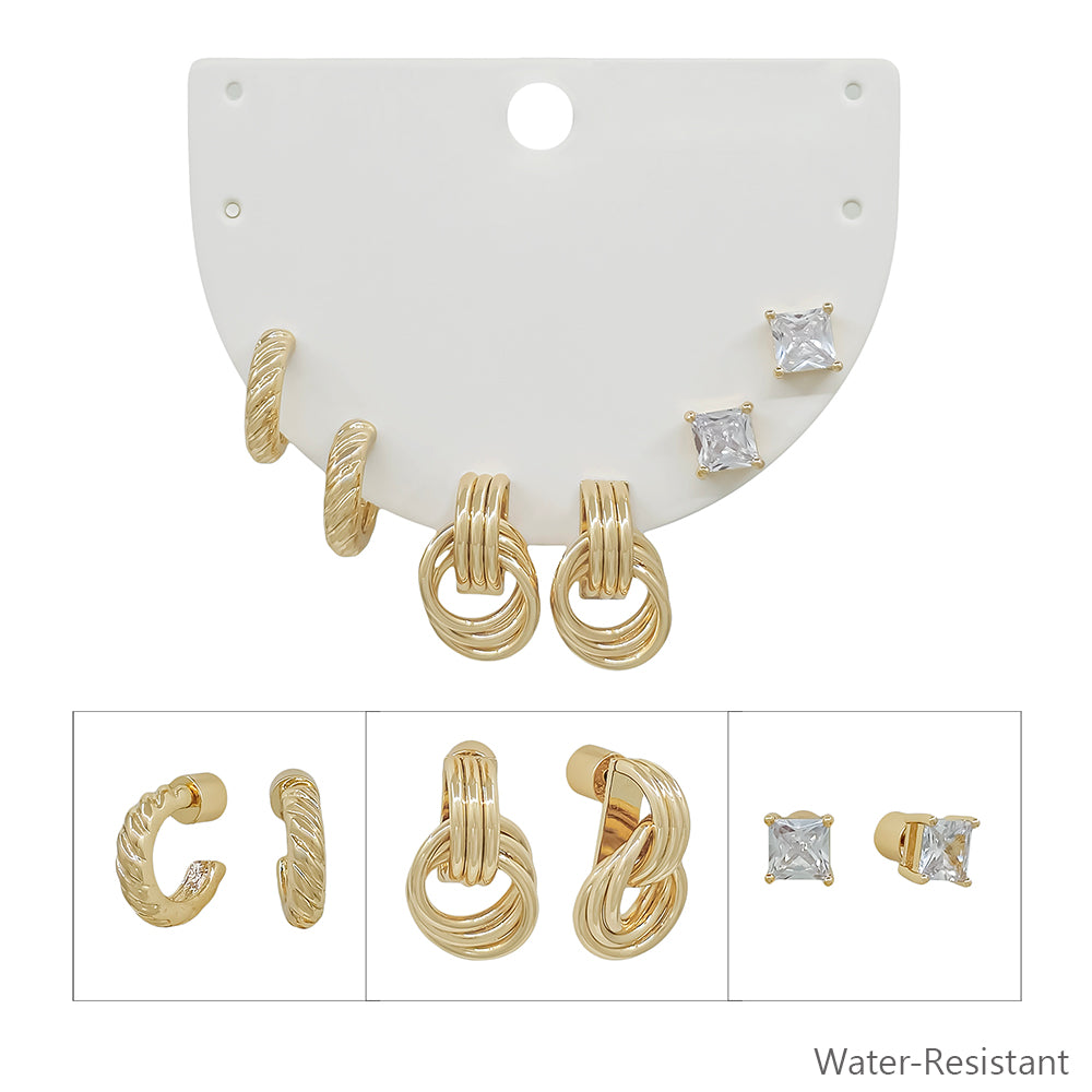 Water Resistant Gold Set of 3 Knotted and Studded Earring Set