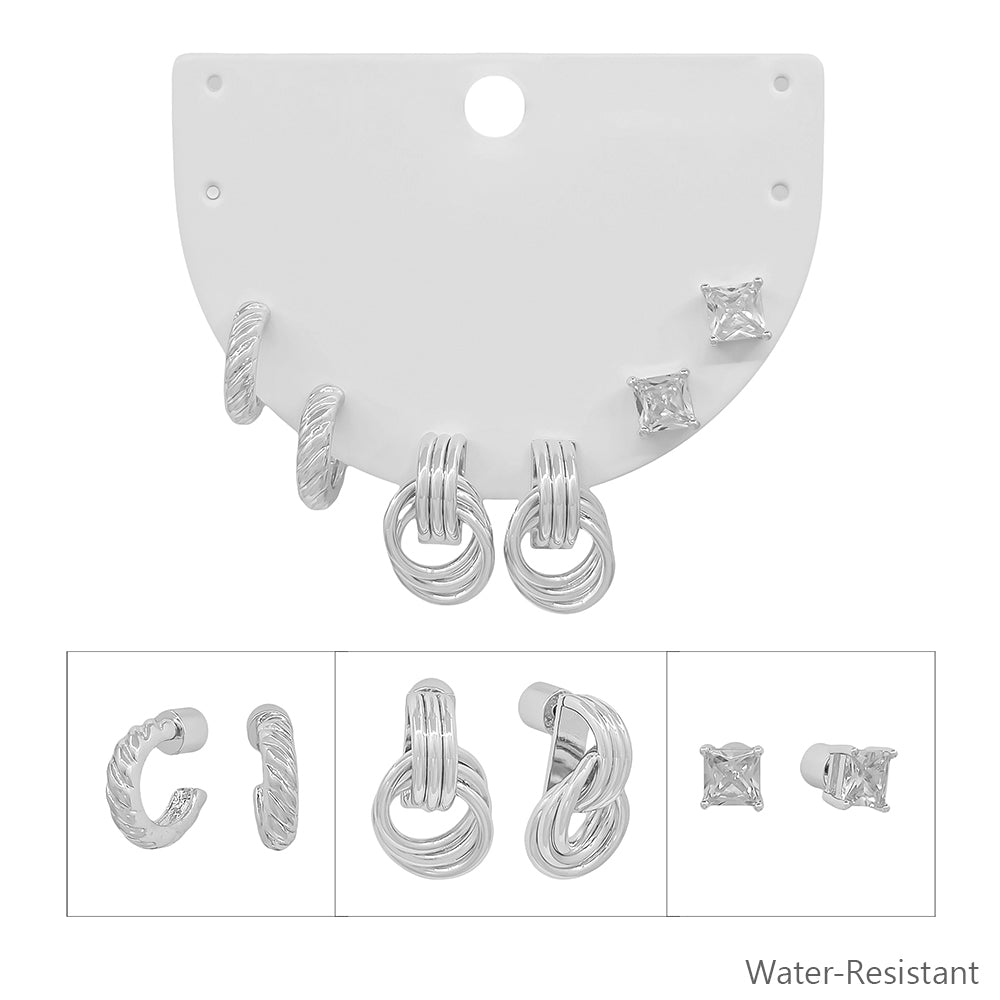 Water Resistant Silver Set of 3 Knotted and Studded Earring Set