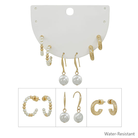 Water Resistant Set of 3 Coin Pearl Drop Earring Set