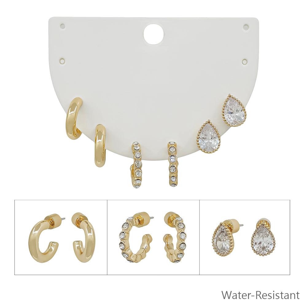 Water Resistant Set of 3 Pave Hoop Teardrop Stone Earrings
