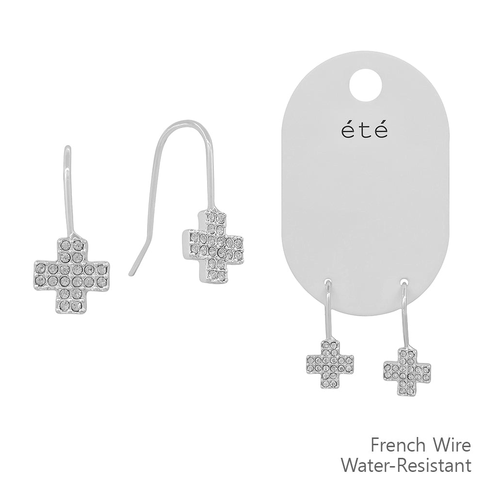 Water Resistant Huggie Silver Rhinestone Cross Drop Earring