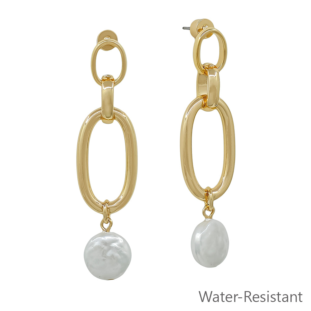 Water Resistant 2" Open Gold Coin Pearl Drop Earring
