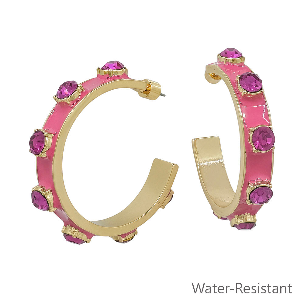 Water Resistant 1.8" 7MM Hot Pink Wide Epoxy Stone Hoop Earring