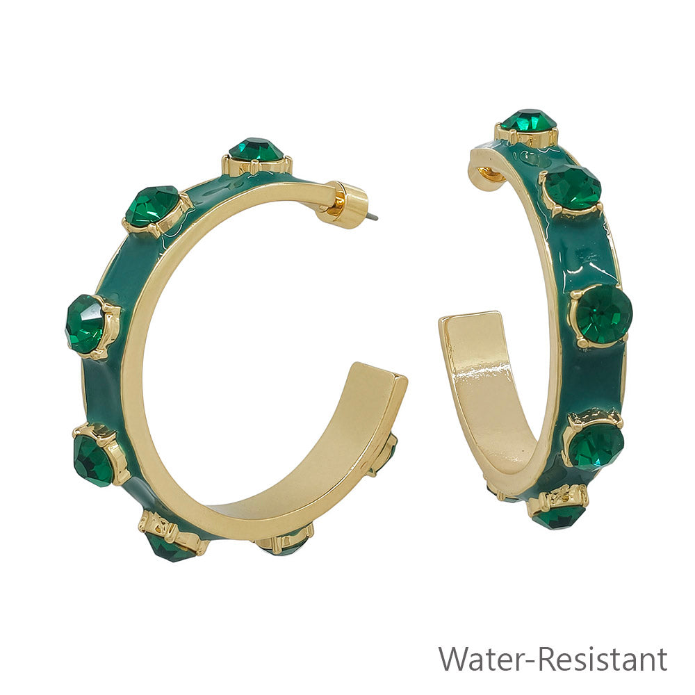 Water Resistant 1.8" 7MM Wide Green Epoxy Stone Hoop Earring