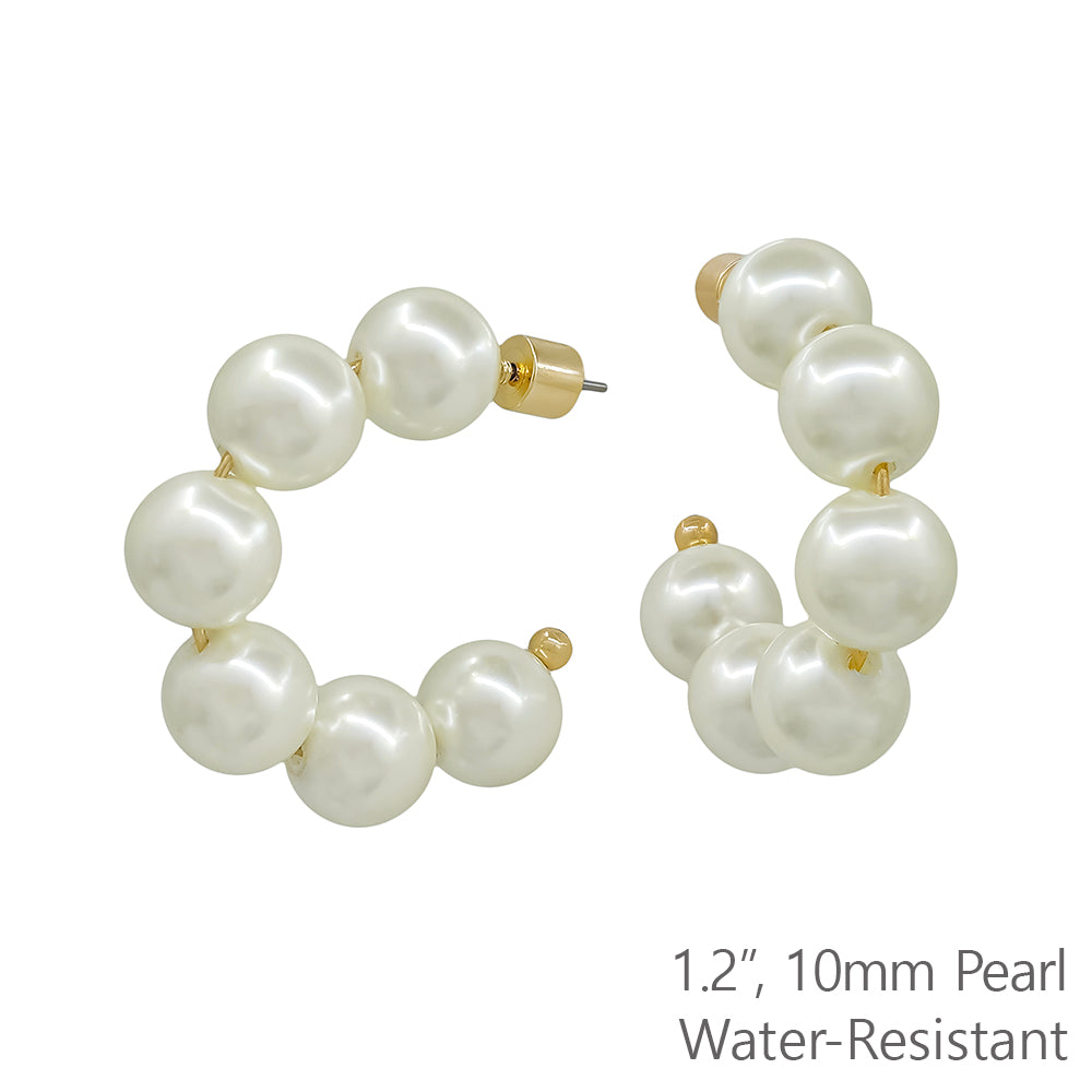 Water Resistant 1.5" 10MM Pearl Hoop Earring