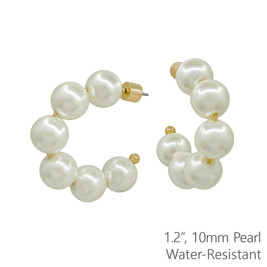 Water Resistant 1.5" 10MM Pearl Hoop Earring