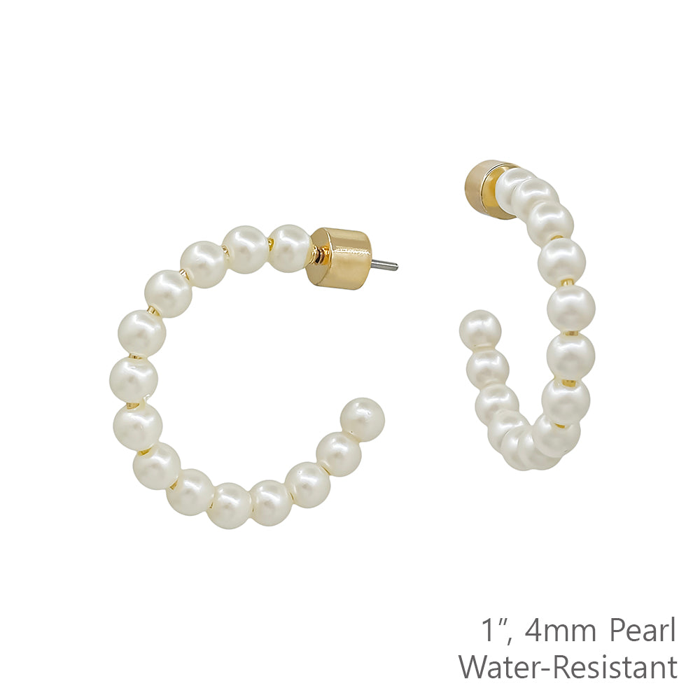 Water Resistant 1" 4MM Pearl Hoop Earring