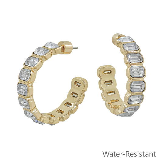 Clear and Gold Rectangle Stone 1.25" Hoop Earring