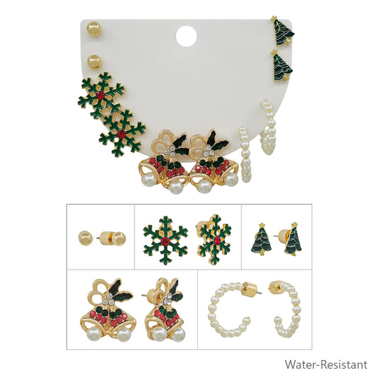 Water Resistant Set of 5 Snowflake and Bell Christmas Earrings