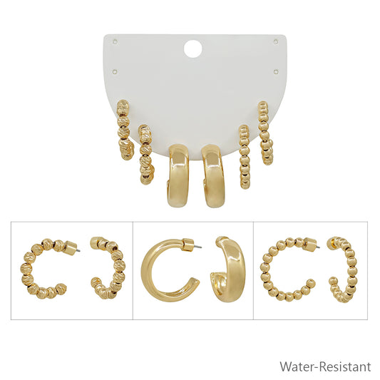 Water Resistant Set of Three Beaded and Textured Gold .5" Hoop Earrings