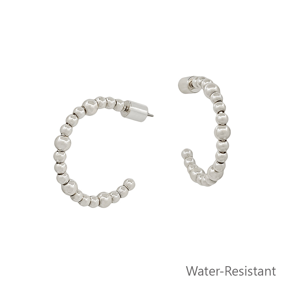 Water Resistant Silver Beaded 4MM 1" Hoop Earrings