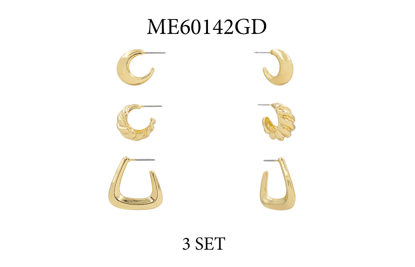 Set of 3 Gold Textured Huggie Hoop Earrings