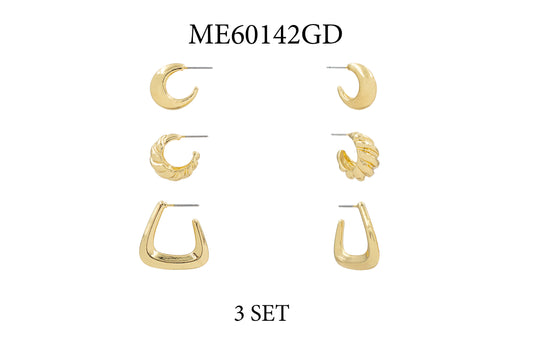 Set of 3 Gold Textured Huggie Hoop Earrings