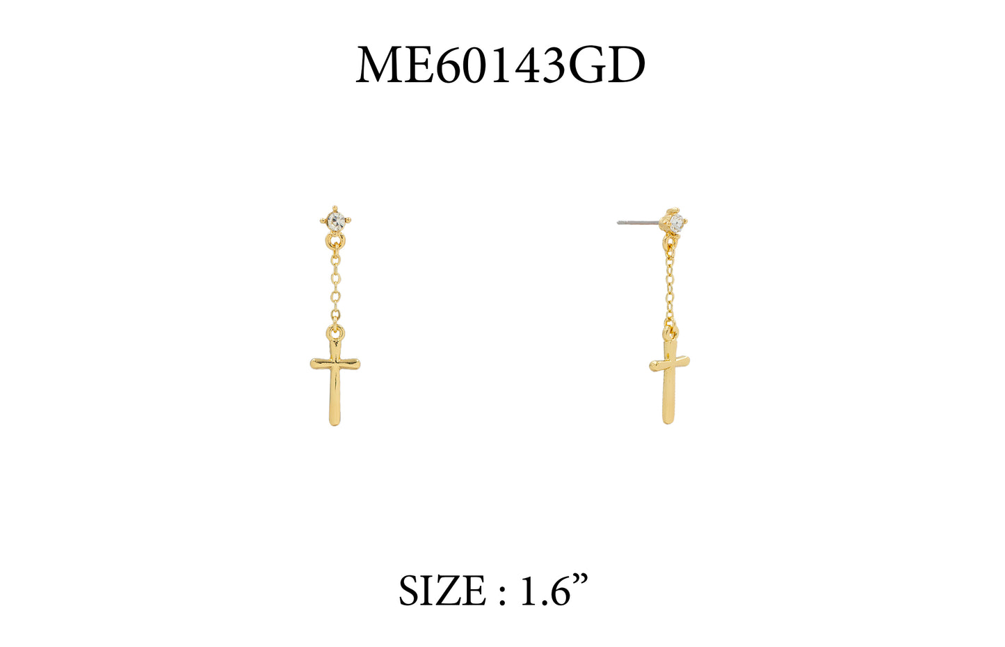 Gold Stud with Chain and Small Cross 1.5" Drop Earring