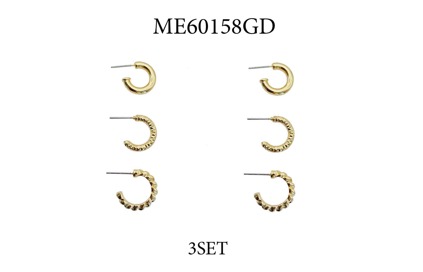 Set of 3 Gold Textured Huggie Hoop Earrings