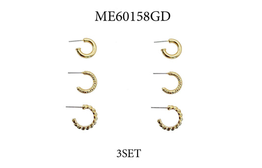 Set of 3 Gold Textured Huggie Hoop Earrings