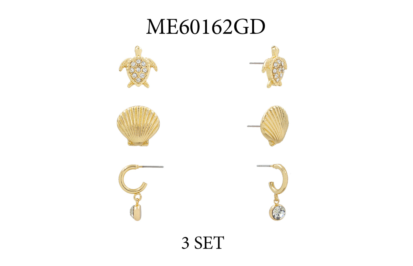 Set of 3 Gold Sealife Stud Earrings