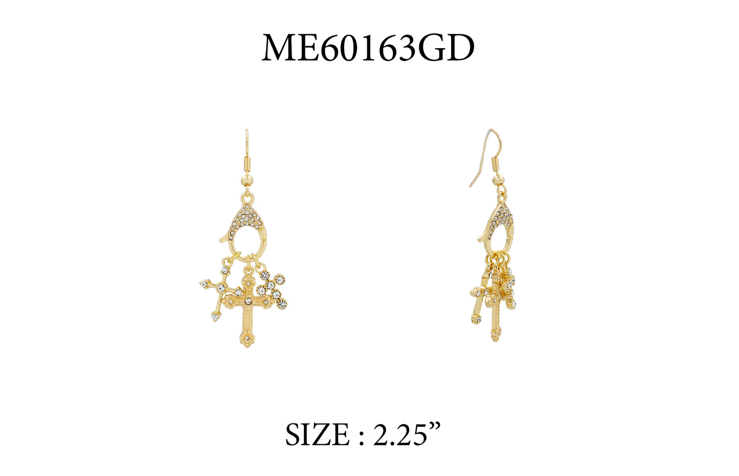 Triple Cross Rhinestone and Gold Fishhook 2.25" Earring