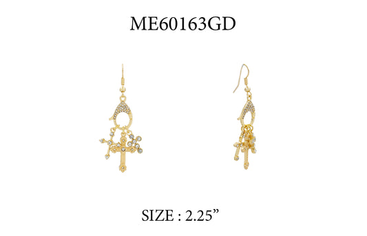 Triple Cross Rhinestone and Gold Fishhook 2.25" Earring