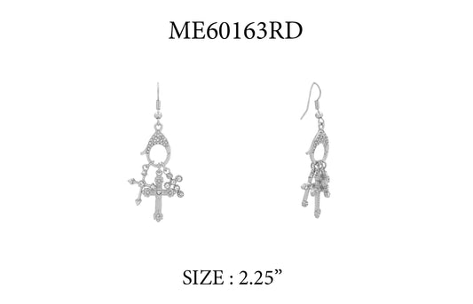 Triple Cross Rhinestone and Silver Fishhook 2.25" Earring