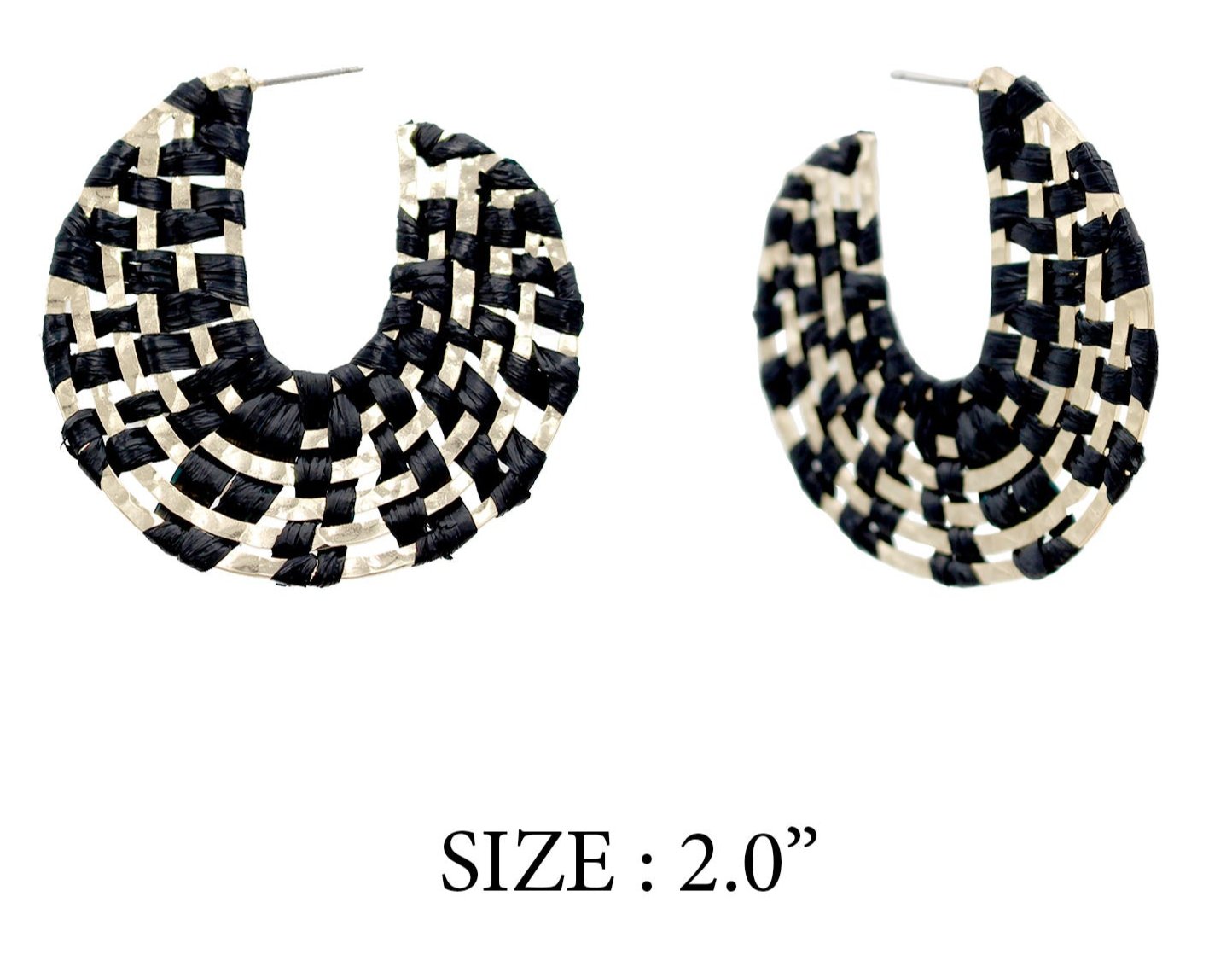 Black Raffia Woven and Gold Hoop 2" Earring