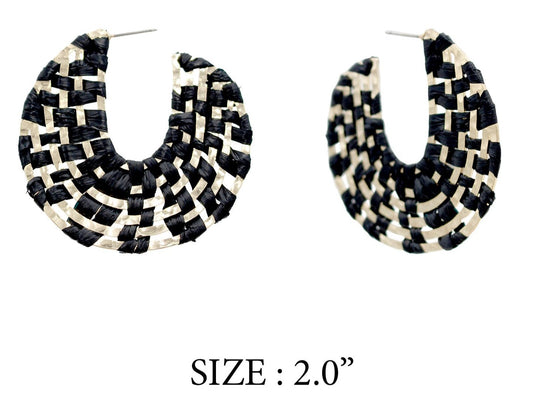 Black Raffia Woven and Gold Hoop 2" Earring